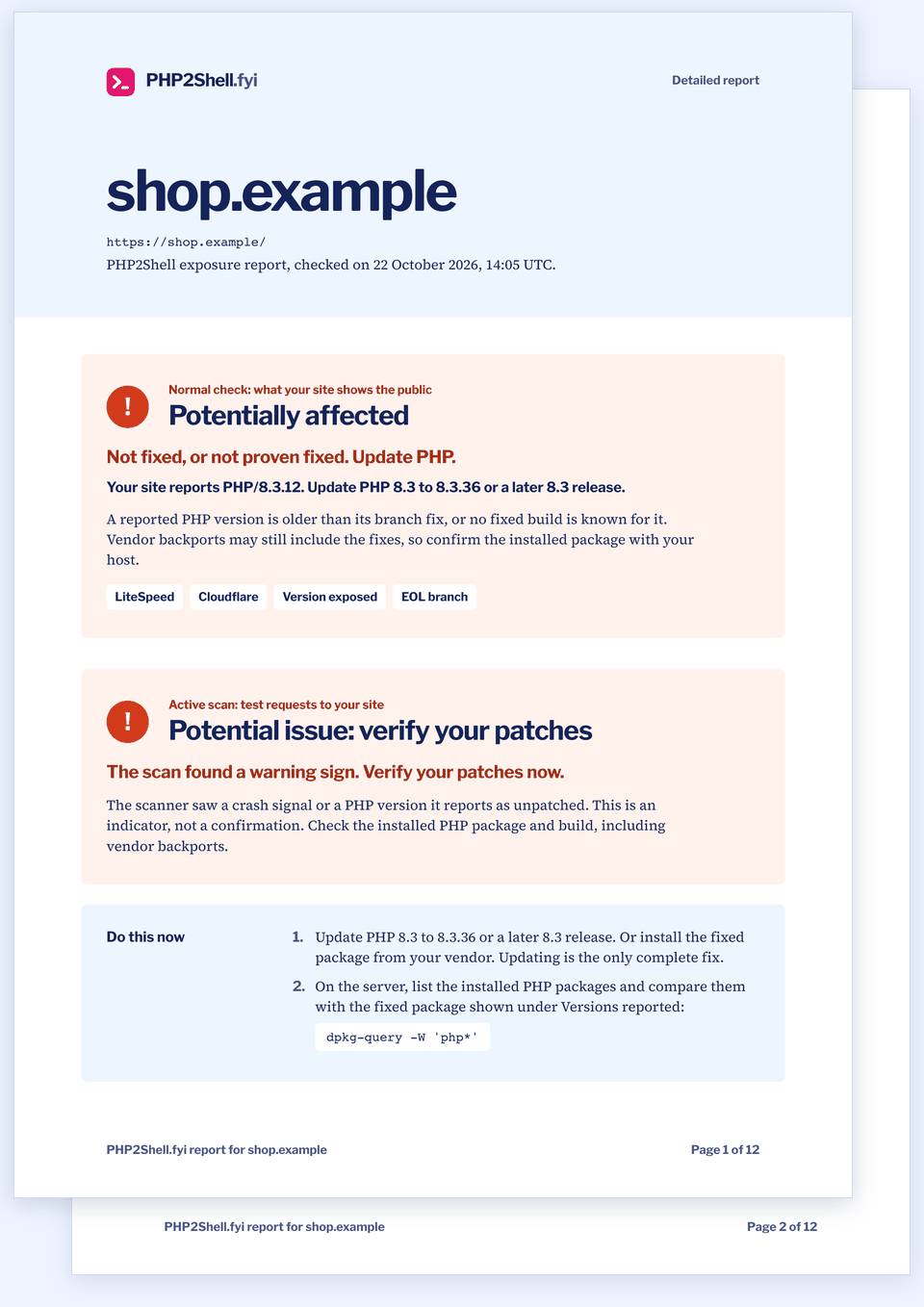 A sample page of the detailed PDF report: the verdict, the PHP versions found and the first steps to fix them.